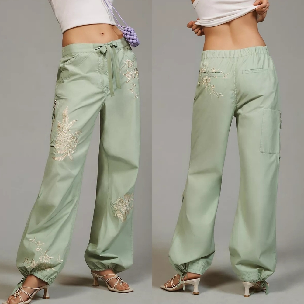 Pilcro Parachute Cargo Embroidered Pants in Pale Green